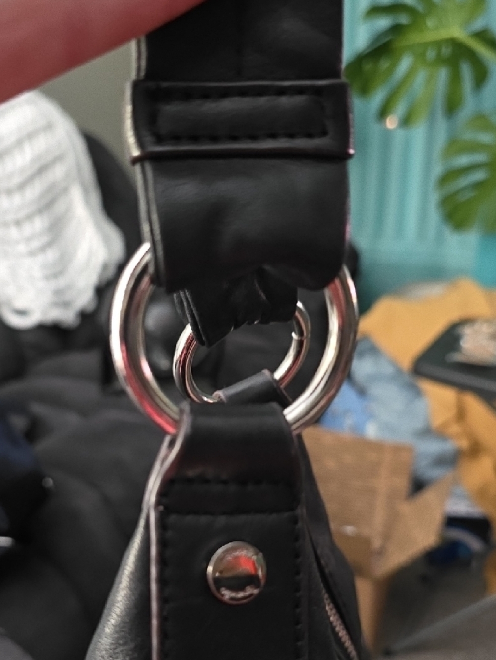 Tignanello Black Leather Shoulder Bag with Metal Ring Accents - Picture 6 of 8